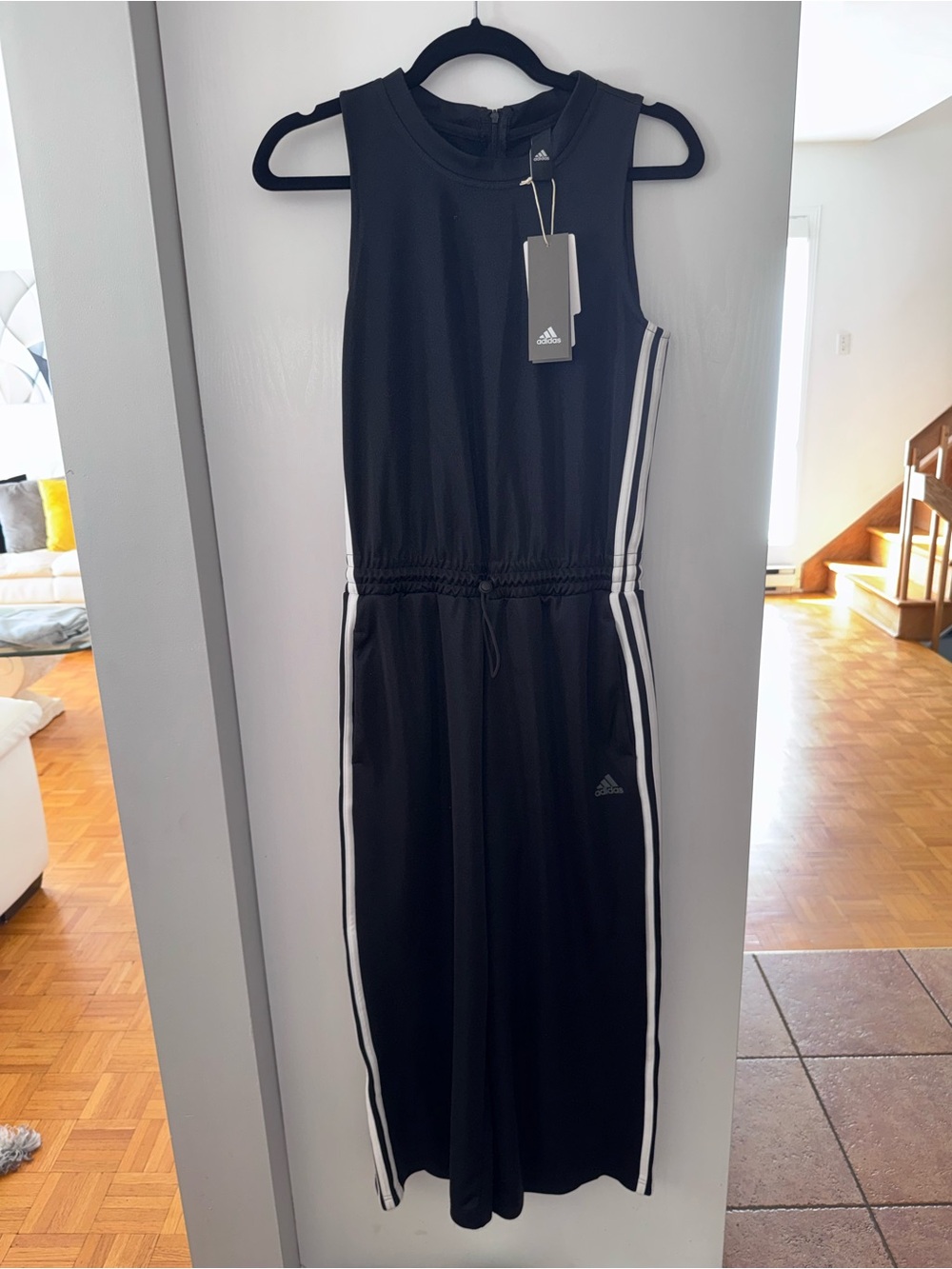 adidas Black Sleeveless Sport Jumpsuit with White Stripes